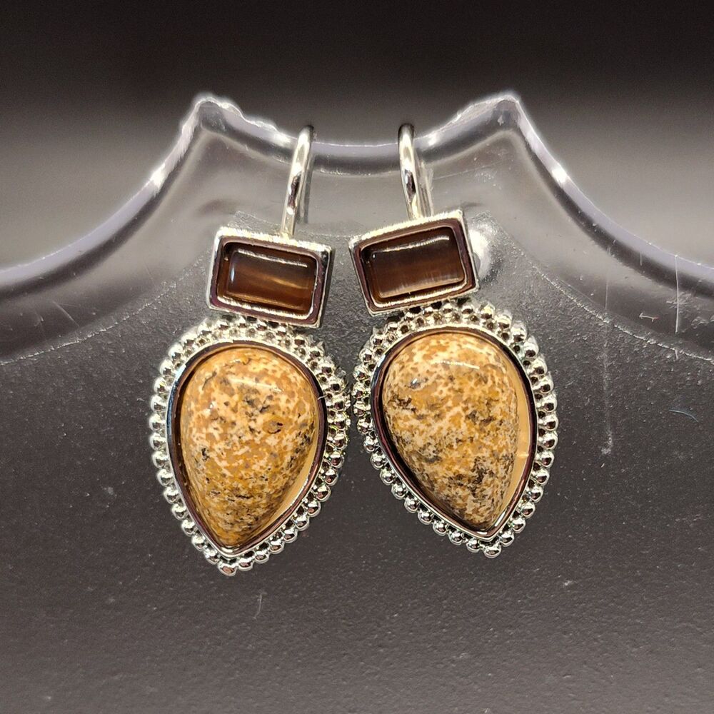RMN Roman Pierced Teardrop Earrings Genuine Brown Beige Jasper Stones Southwest